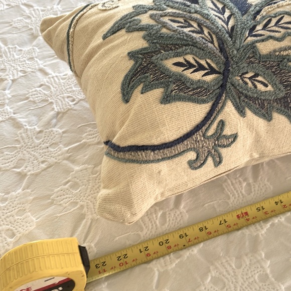 Like New Embroidered Accent Pillow, Shades of Blue on Cream, 14x20” - Picture 6 of 8